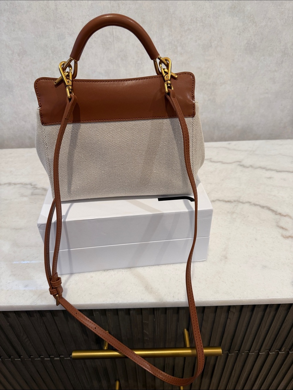 JW PEI Cream Canvas and Tan Top-Handle Satchel crossbody strap included - Picture 2 of 7